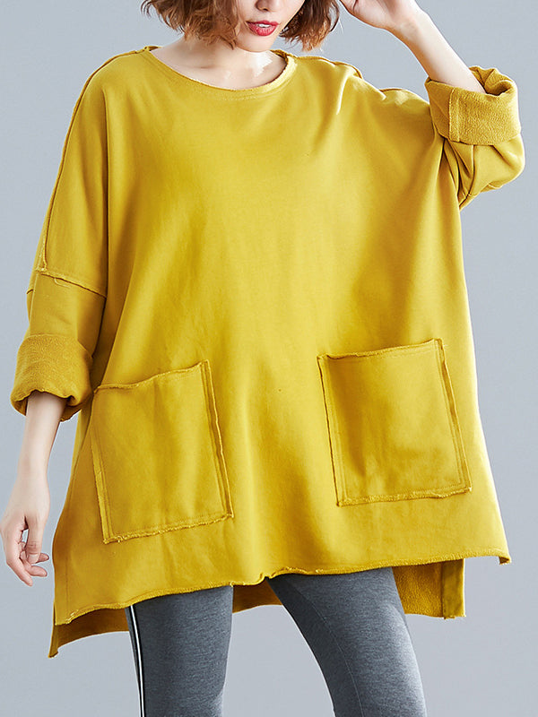 High-Low Long Sleeves Pockets Solid Color Split-Joint Split-Side Round-Neck Sweatshirt Tops