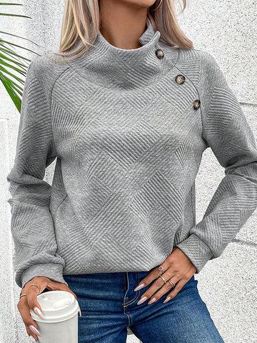 Long Sleeves Loose Asymmetric Buttoned Solid Color Split-Joint Mock Neck Sweatshirt Tops