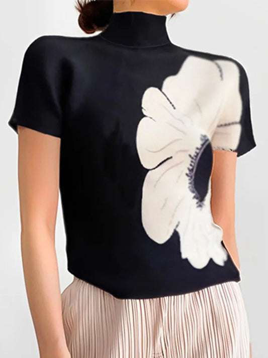 Short Sleeves Skinny Flower Print High Neck T-Shirts Tops