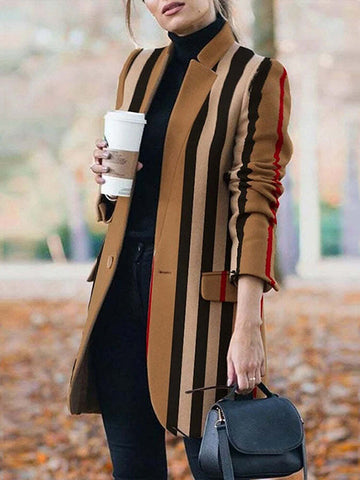 Long Sleeves Loose Buttoned Split-Joint Striped Stand Collar Woolen Coat