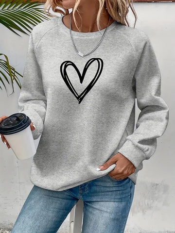 Long Sleeves Loose Heart Print Split-Joint Round-Neck Sweatshirt Tops