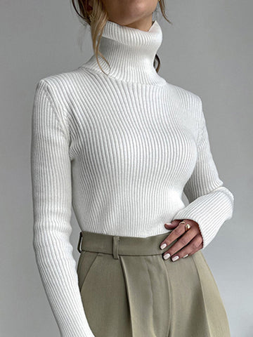 Long Sleeves Skinny Solid Color High Neck Pullovers Sweater Tops