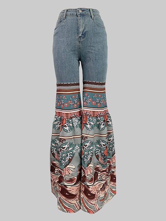 Flared Pants Floral Printed High-Waisted Pockets Jean Pants Bottoms