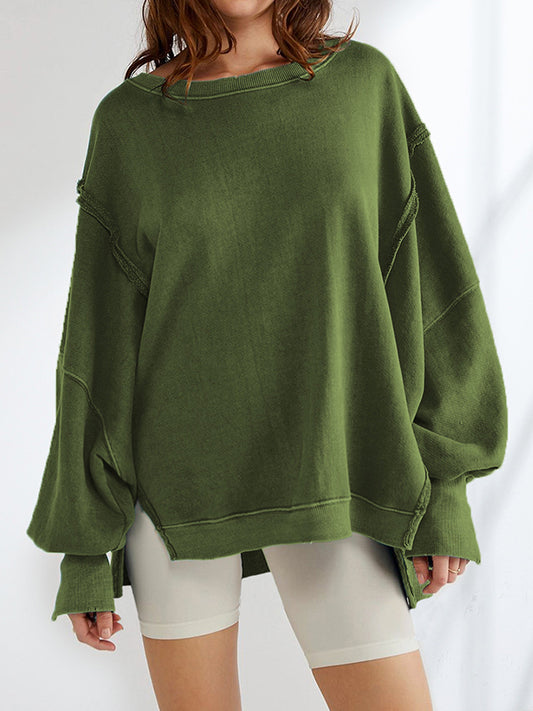 Long Sleeves Loose Fringed Solid Color Split-Joint Split-Side Round-Neck Sweatershirt