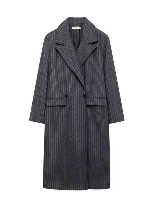 Long Sleeves Loose Split-Joint Striped Lapel Trench Coats Woolen Coat