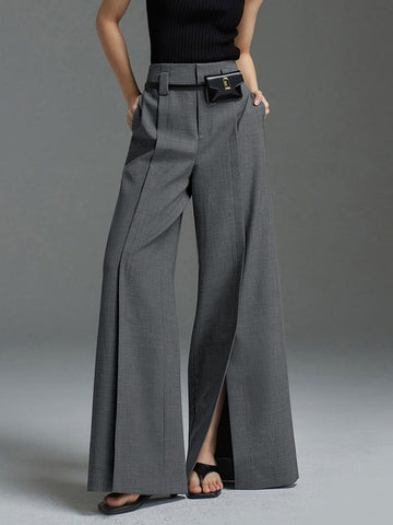 Loose Wide Leg High-Waisted Pleated Split-Front Pants Trousers