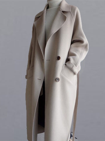 Urban Loose Solid Color Belted Woolen Coat