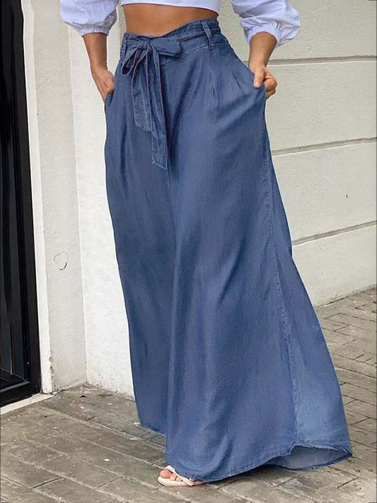 Loose Wide Leg Pockets Solid Color Tied Waist Jean Pants Bottoms