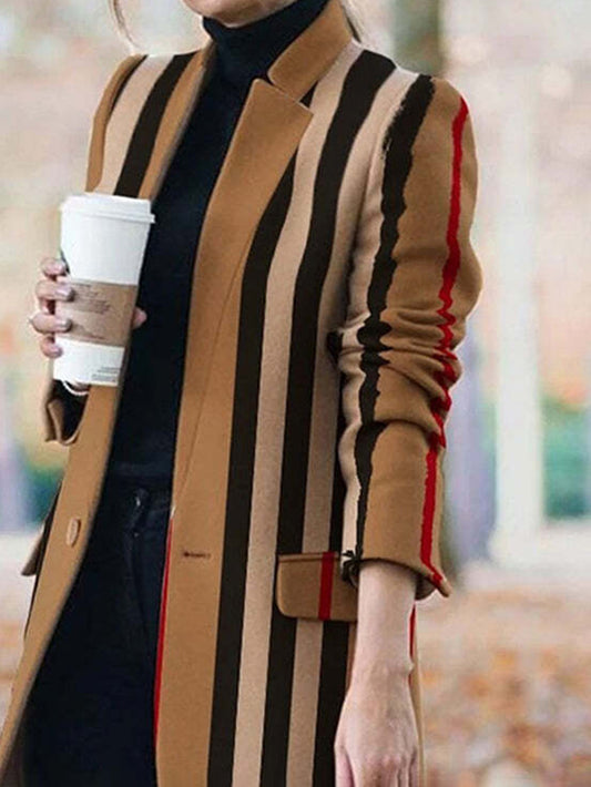 Long Sleeves Loose Buttoned Split-Joint Striped Stand Collar Woolen Coat