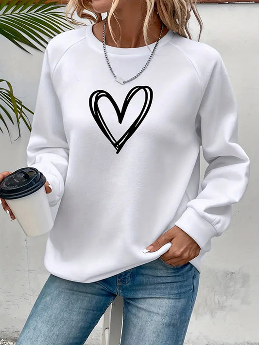 Long Sleeves Loose Heart Print Split-Joint Round-Neck Sweatshirt Tops