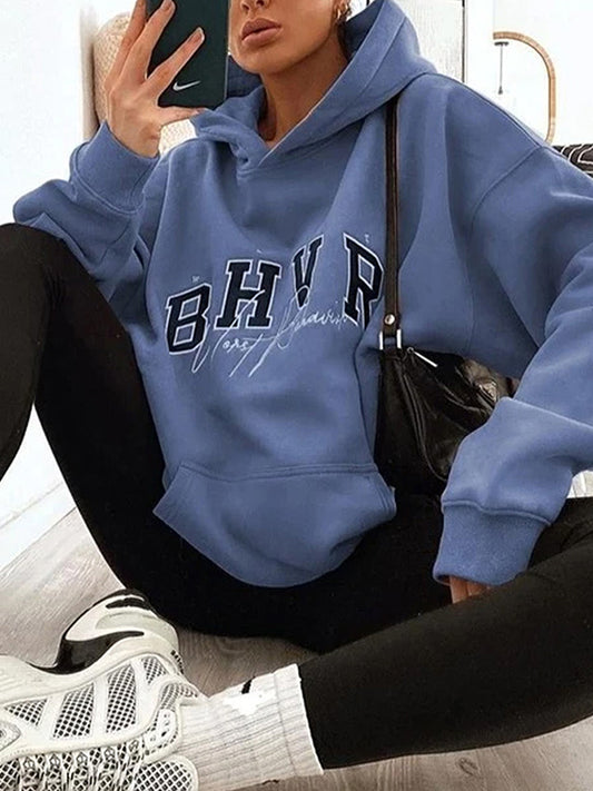 Long Sleeves Loose Keep Warm Letter Print Velvet Hooded Hoodies Tops