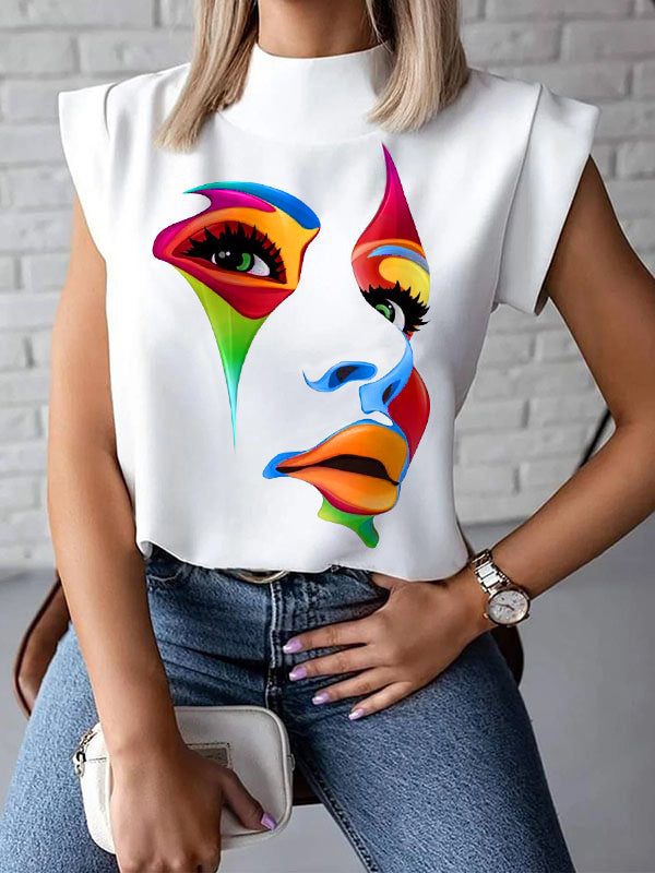 Original Casual High-Neck Cap Sleeves Face Printed T-Shirt Top