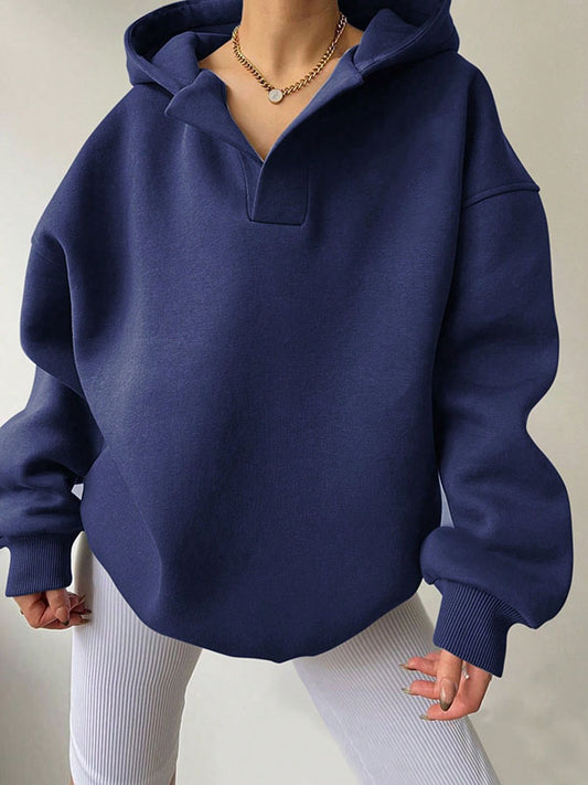 Loose Puff Sleeves Solid Color Split-Joint Hooded Hoodies Tops