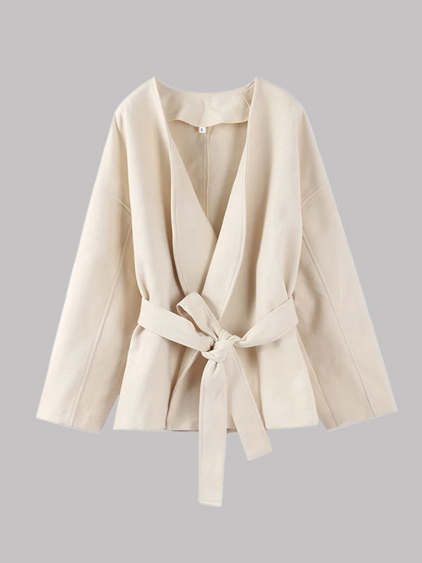 Long Sleeves Loose Solid Color Split-Joint Tied Waist V-Neck Woolen Coat