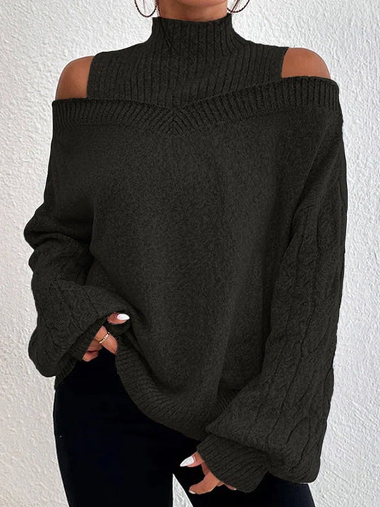 Long Sleeves Loose Hollow Solid Color Split-Joint Cold Shoulder Pullovers Sweater Tops