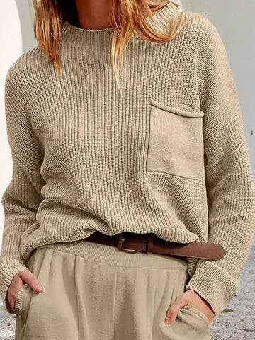 Long Sleeves Loose Pockets Solid Color Round-Neck Knitwear Pullovers Sweater Tops