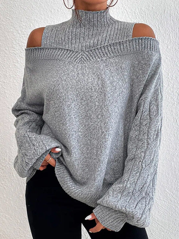 Long Sleeves Loose Hollow Solid Color Split-Joint Cold Shoulder Pullovers Sweater Tops