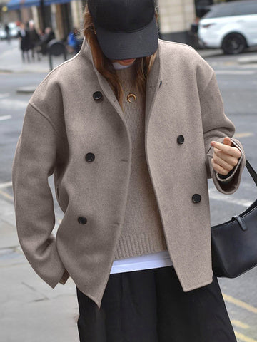 Long Sleeves Loose Buttoned Stand Collar Woolen Coat