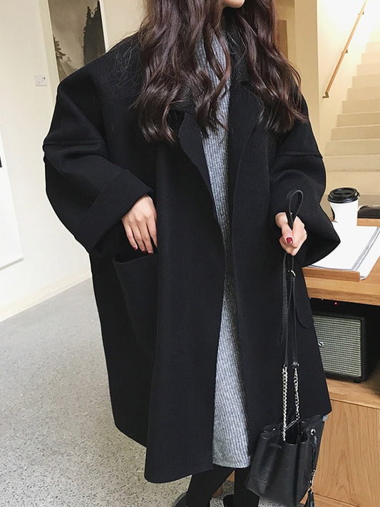 Long Sleeves Loose Buttoned Pockets Solid Color Split-Joint Notched Collar Woolen Coat