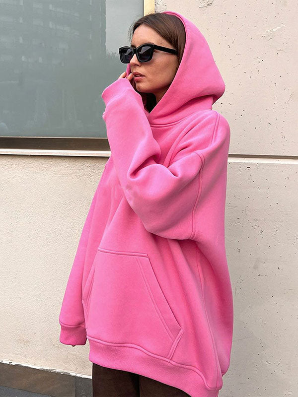 Long Sleeves Loose Pockets Solid Color Velvet Hooded Hoodies Tops