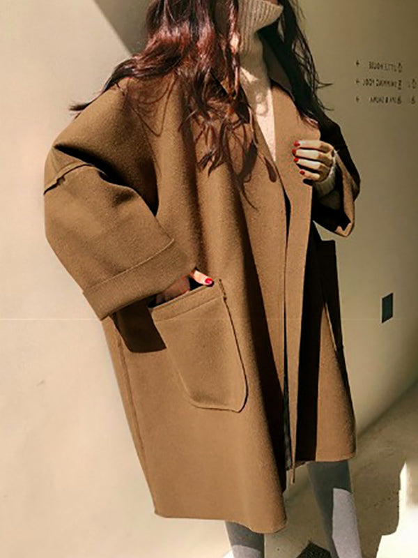 Long Sleeves Loose Buttoned Pockets Solid Color Split-Joint Notched Collar Woolen Coat