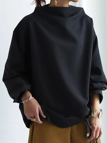 Long Sleeves Loose Solid Color High-neck Sweatershirt