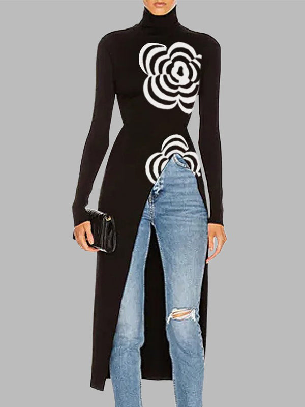 Long Sleeves Asymmetric Printed Split-Joint High Neck Pullovers Sweater Tops