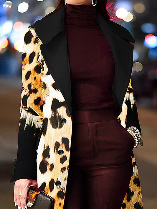 Long Sleeves Loose Leopard Split-Joint Lapel Woolen Coat