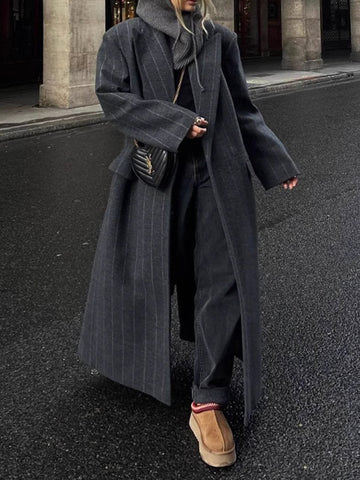 Long Sleeves Loose Split-Joint Striped Lapel Trench Coats Woolen Coat