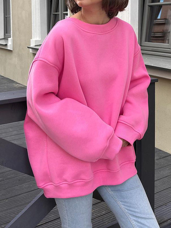 Long Sleeves Loose Solid Color Round-Neck Sweatshirt Tops