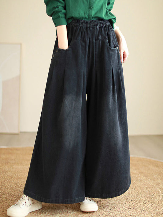 Loose Wide Pants Elasticity Pleated Flared Trousers Jean Pants Bottoms