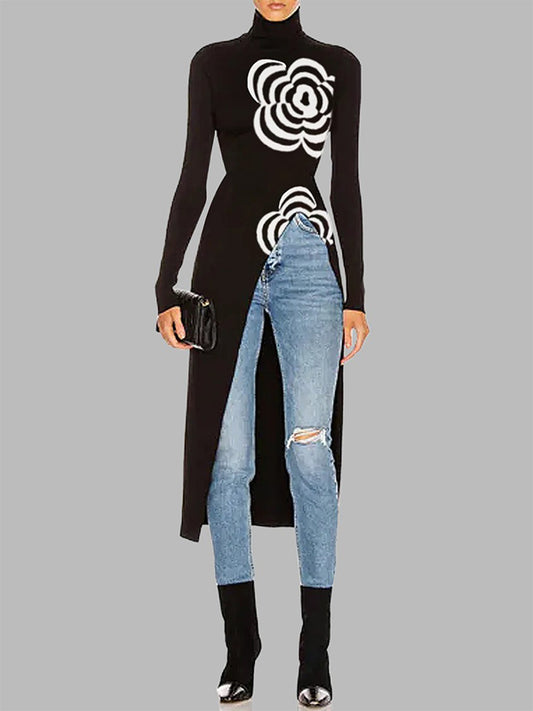 Long Sleeves Asymmetric Printed Split-Joint High Neck Pullovers Sweater Tops