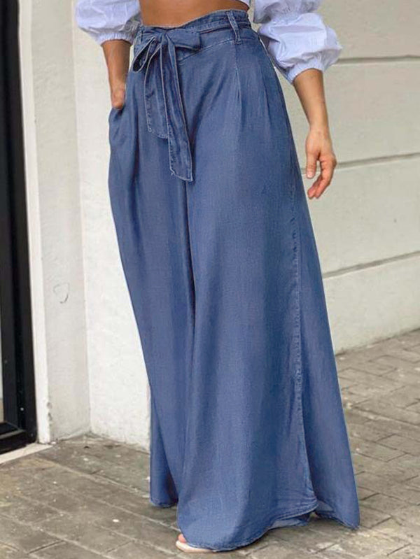 Loose Wide Leg Pockets Solid Color Tied Waist Jean Pants Bottoms