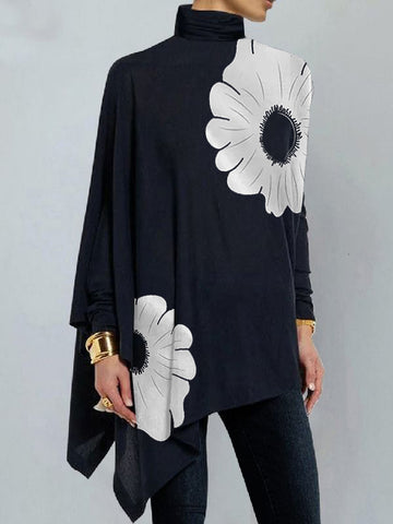 Long Sleeves Loose Asymmetric Floral Printed Split-Joint High Neck T-Shirts