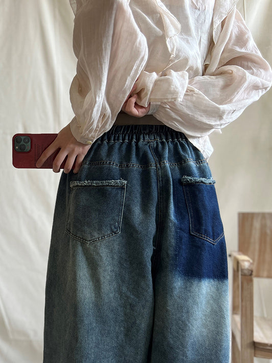 Loose Wide Leg Contrast Color Elasticity Pockets Jean Pants Bottoms