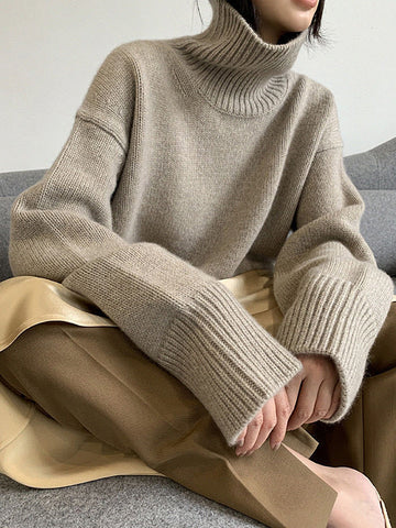 Casual Loose Long Sleeves Solid Color High-Neck Sweater Tops