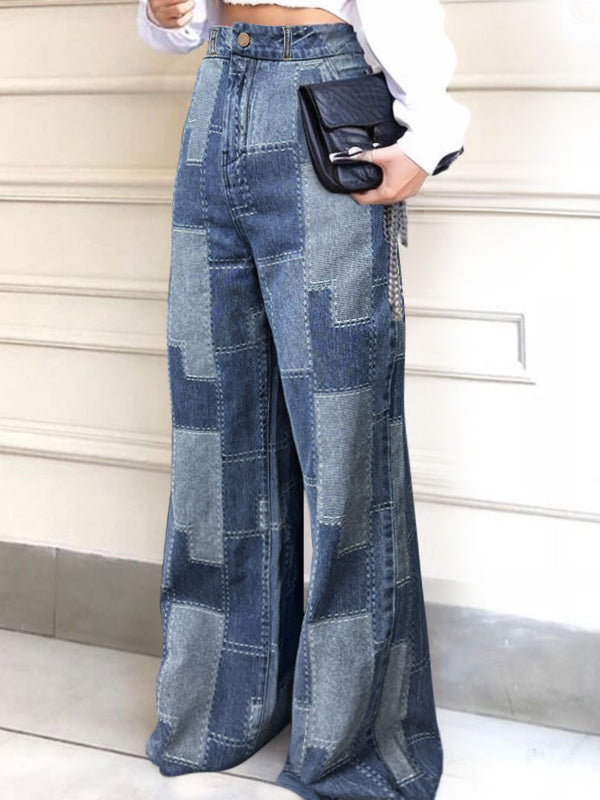 Loose Wide Leg Buttoned Plaid Pockets Split-Joint Jean Pants Bottoms