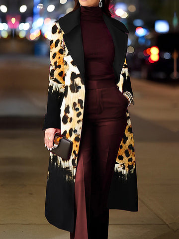 Long Sleeves Loose Leopard Split-Joint Lapel Woolen Coat